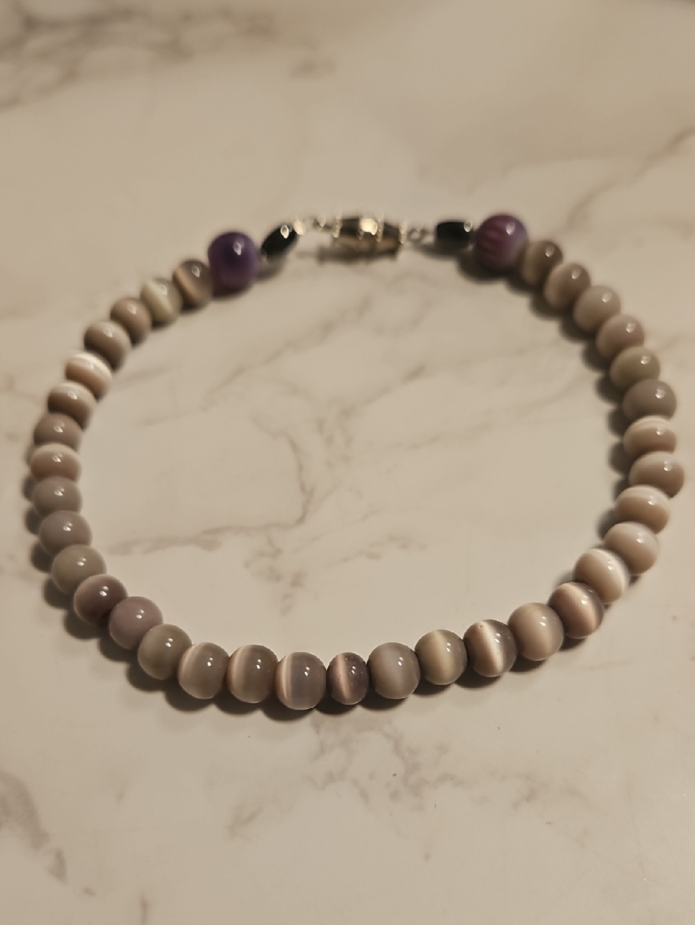 Beaded Neutral and Purple Women's Bracelet Handmade Cats Eye